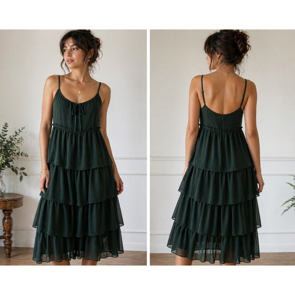 Sunday Best Forest Green Tiered Chiffon Dress Babydoll Romantic Cottagecore M